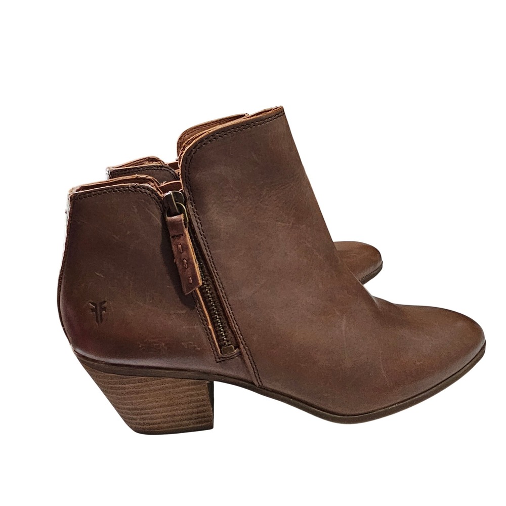 Frye Judith Double Zip‎ Brown Leather Almond Toe Ankle Booties Size 9M